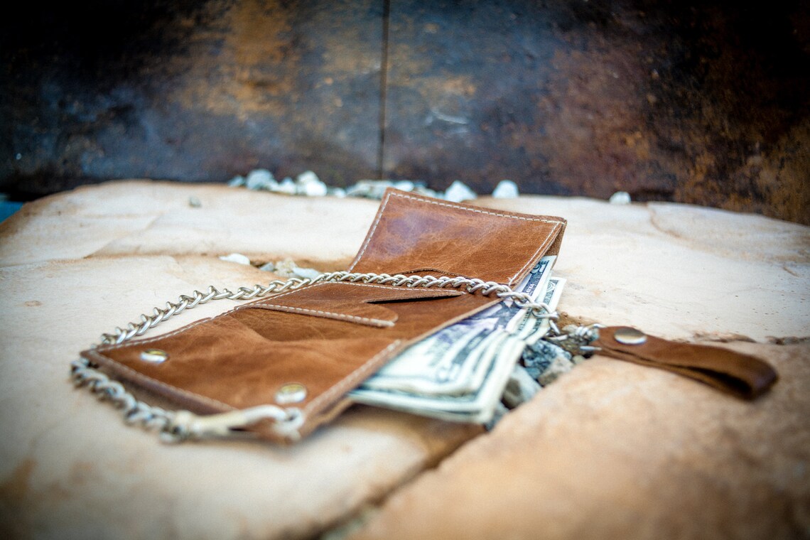 Trifold Distressed Leather Wallet W/chain Tan Color | Etsy