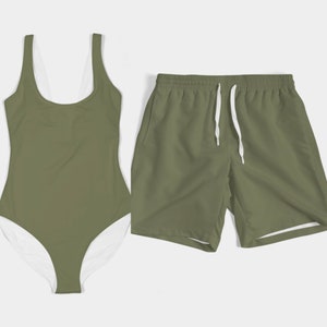 Matching Swimwear Set Swimsuit Bikini Trunks and Accessories for Couples (Olive Green)