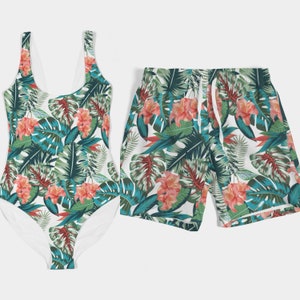 Matching Swimwear Set Swimsuit Bikini Trunks and Accessories for Couples and Family (Tropical Green)
