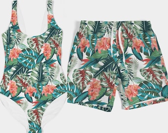 Matching Swimwear Set Swimsuit Bikini Trunks and Accessories for Couples and Family (Tropical Green)