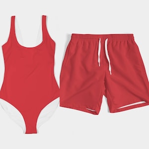 Conjunto de traje de baño a juego, bikini, bañador y accesorios para parejas y familias (rojo)