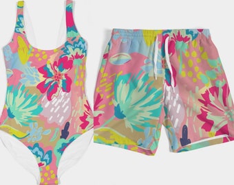Matching Swimsuits, Swimsuits For Couples, One Piece Swimsuit, Men Trunks, Couples Swimsuit, Couples Matching Set, Sarong (Tropical Lt Pink)