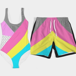Matching Swimwear Set and Accessories for Couples and Family (Pink/Yellow Colorblock)