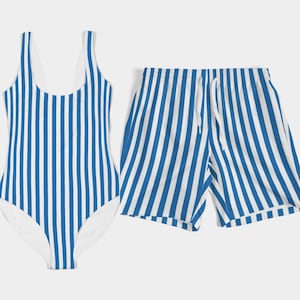Matching Swimwear Set Swimsuit Bikini Trunks and Accessories for Couples (Nautical Stripes)