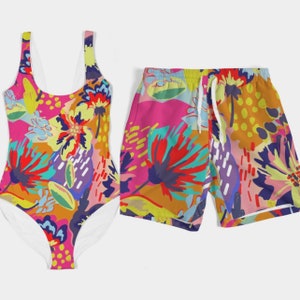 Matching Swimsuits, Swimsuits For Couples, One Piece Swimsuit, Men Trunks, Couples Swimsuit, Couples Matching Set, Sarong (Tropical Pink)