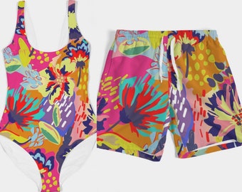 Matching Swimsuits, Swimsuits For Couples, One Piece Swimsuit, Men Trunks, Couples Swimsuit, Couples Matching Set, Sarong (Tropical Pink)