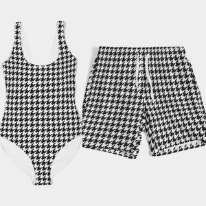 Matching Swimwear Set Swimsuit Bikini Trunks and Accessories for Couples (Houndstooth)