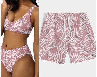 Couple Swimwear High Waisted Two-Piece Swimsuit (Pink Palm)