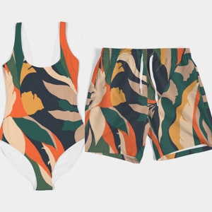 Matching Swimwear Set Swimsuit Bikini Trunks and Accessories for Couples (Orange Jungle Print)