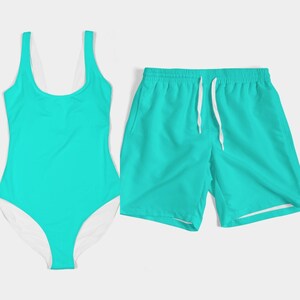 Bijpassende badkledingset, badpak, bikinibroekje en accessoires voor stellen en gezin (turkoois)
