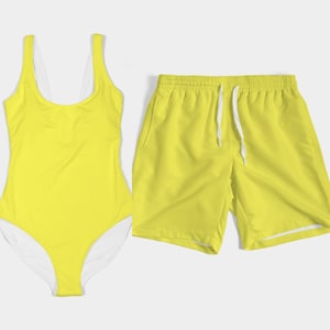 Bright Yellow Matching Swimwear Set Swimsuit Bikini Trunks and Accessories for Couples & Family