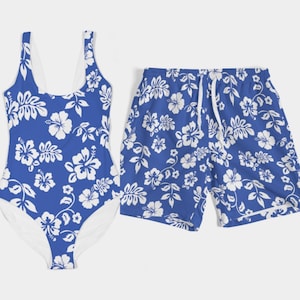 Hawaiian Matching Swimwear Set Swimsuit Bikini Trunks and Accessories for Couples (Blue)