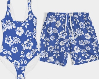 Hawaiian Matching Swimwear Set Swimsuit Bikini Trunks and Accessories for Couples (Blue)