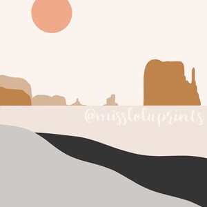 Puede incluir: Impresi&oacute;n de arte minimalista abstracto con un sol de color melocot&oacute;n, monta&ntilde;as marrones y un paisaje negro y gris. La impresi&oacute;n incluye el texto "@misslolaprints".