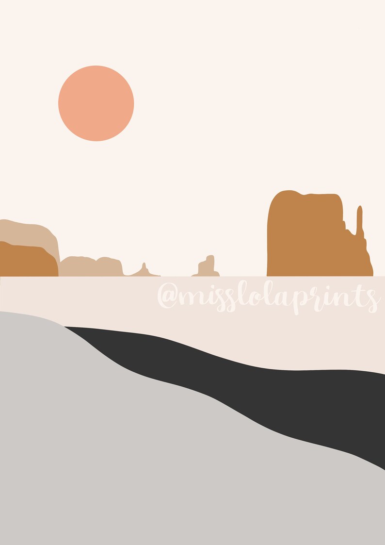 Puede incluir: Impresi&oacute;n de arte minimalista abstracto con un sol de color melocot&oacute;n, monta&ntilde;as marrones y un paisaje negro y gris. La impresi&oacute;n incluye el texto "@misslolaprints".