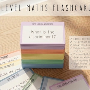 May include: A stack of A-Level Maths flashcards with the text "What is the discriminant?" on the top card. The cards are color-coded and include topics on algebra, functions, mechanics, and statistics. The text "A-LEVEL MATHS FLASHCARDS" is at the top.
