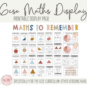 GCSE maths complete display pack - Formulae, maths to remember, revision exam resource, boho high school classroom display digital download