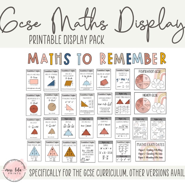 GCSE maths complete display pack - Formulae, maths to remember, revision exam resource, boho high school classroom display digital download