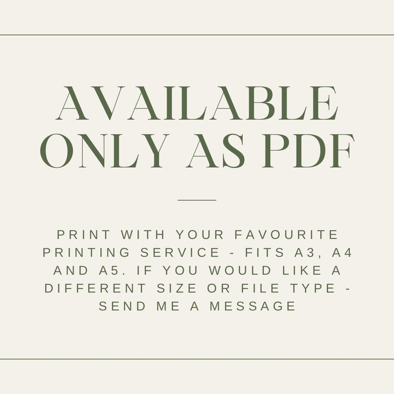 Puede incluir: Gr&aacute;fico de texto con las palabras "AVAILABLE ONLY AS PDF" en una fuente verde oscura. Debajo del texto hay una l&iacute;nea y el siguiente texto: "IMPRIME CON TU SERVICIO DE IMPRESI&Oacute;N FAVORITO - SE ADAPTA A A3, A4 Y A5. SI DESEAS UN TAMA&Ntilde;O O TIPO DE ARCHIVO DIFERENTE - ENV&Iacute;AME UN MENSAJE."
