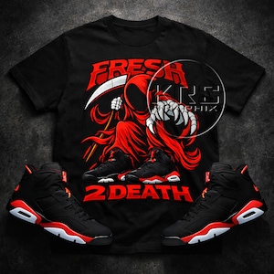 May include: Black t-shirt featuring a red Grim Reaper graphic with a scythe, the words "FRESH 2 DEATH" in red, and two pairs of black and red trainers. The trainers have white detailing.