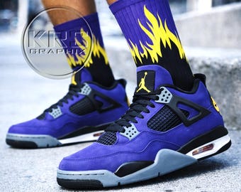 Imperial Purple Flame Sneaker Socks – Purple Yellow Fire Crew Socks – Streetwear Socks for Sneakerheads – Purple Gold Sneaker Match