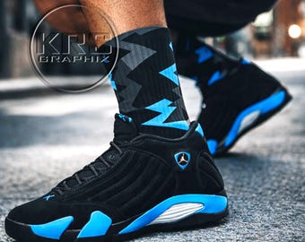 Jordan 14 Black University Blue Match Socks, Black Blue Sneakerhead Crew Socks, Streetwear Socks