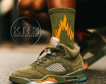 Socks To Match Jordan 5 Green Olive - Flames