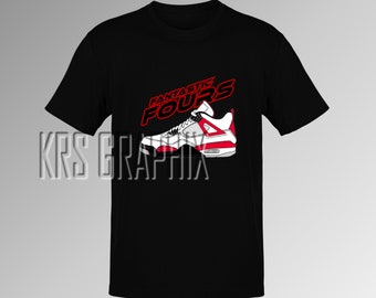 Peut inclure: T-shirt noir avec un graphique de baskets blanches et rouges et le texte "Fantastic Fours" en rouge.