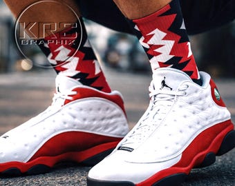 Cherry 13 Zig Zag Sneakerhead Socks – True Red 13 Match Crew Socks – Chicago Style Streetwear Socks