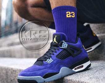 Imperial Purple 4 Sneaker Match Socks – Purple & Gold 23 Crew Socks for Sneakerheads – Cushioned Streetwear Socks