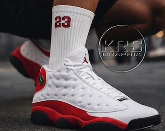 Cherry 13 Sneaker Match Socks – White 23 Crew Socks – True Red Chicago Style Sneakerhead Socks