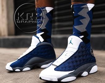 Flint Blue 13 Matching Socks – Navy Blue Grey White Sneakerhead Crew Socks