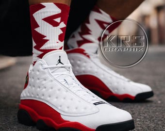 Cherry 13 Lightning Sneakerhead Socks – True Red 13 Match Crew Socks – Chicago Style Streetwear Socks