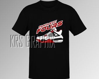 Peut inclure: T-shirt noir avec un imprimé de chaussure de basket-ball rouge et blanche et le texte "Fantastic Fours" en rouge.
