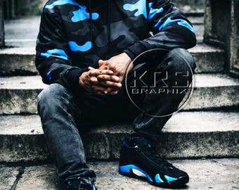 Black University Blue 14 Camo Hoodie, Sneaker Match Unisex Streetwear Pullover