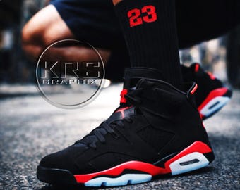 Reverse Infrared 6 Socks | Black & Infrared Crew Socks for Sneakerheads | Cushioned Streetwear Socks to Match Jordan 6 Fits