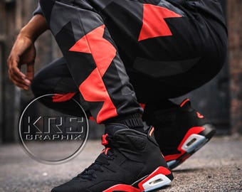Reverse Infrared 6 Inspired Black & Red Geometric Joggers – Sneakerhead Streetwear Sweatpants