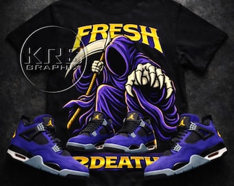Fresh 2 Death Grim Reaper T-Shirt Matching Jordan 4 Imperial Purple | Purple Gold Sneaker Match Tee | Sneakerhead Streetwear Graphic Shirt