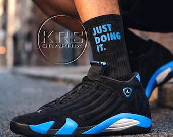 Black University Blue 14 Match Socks, Sneakerhead Crew Socks, Black Blue Streetwear Socks