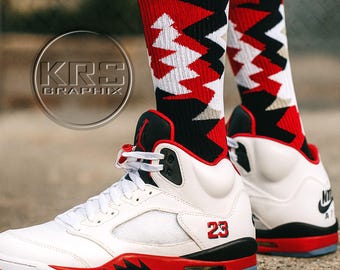 Fire Red 5 Retro Sneaker Match Socks – Bold Geometric Crew Socks for Jordan Fans