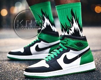 Lucky Green Socks | Lucky Green 1 Socks | Lucky Green 1S Socks | Socks To Match Jordan 1 | Flames