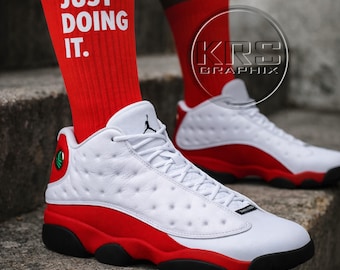 Cherry 13 Sneakerhead Socks – True Red / Chicago 13 Match Crew Socks – Cushioned Streetwear Socks for Sneakerheads