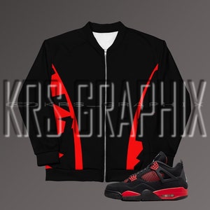 Może przedstawiać: Czarna kurtka bomberowa z czerwonymi akcentami i para czarnych i czerwonych butów Air Jordan 4.