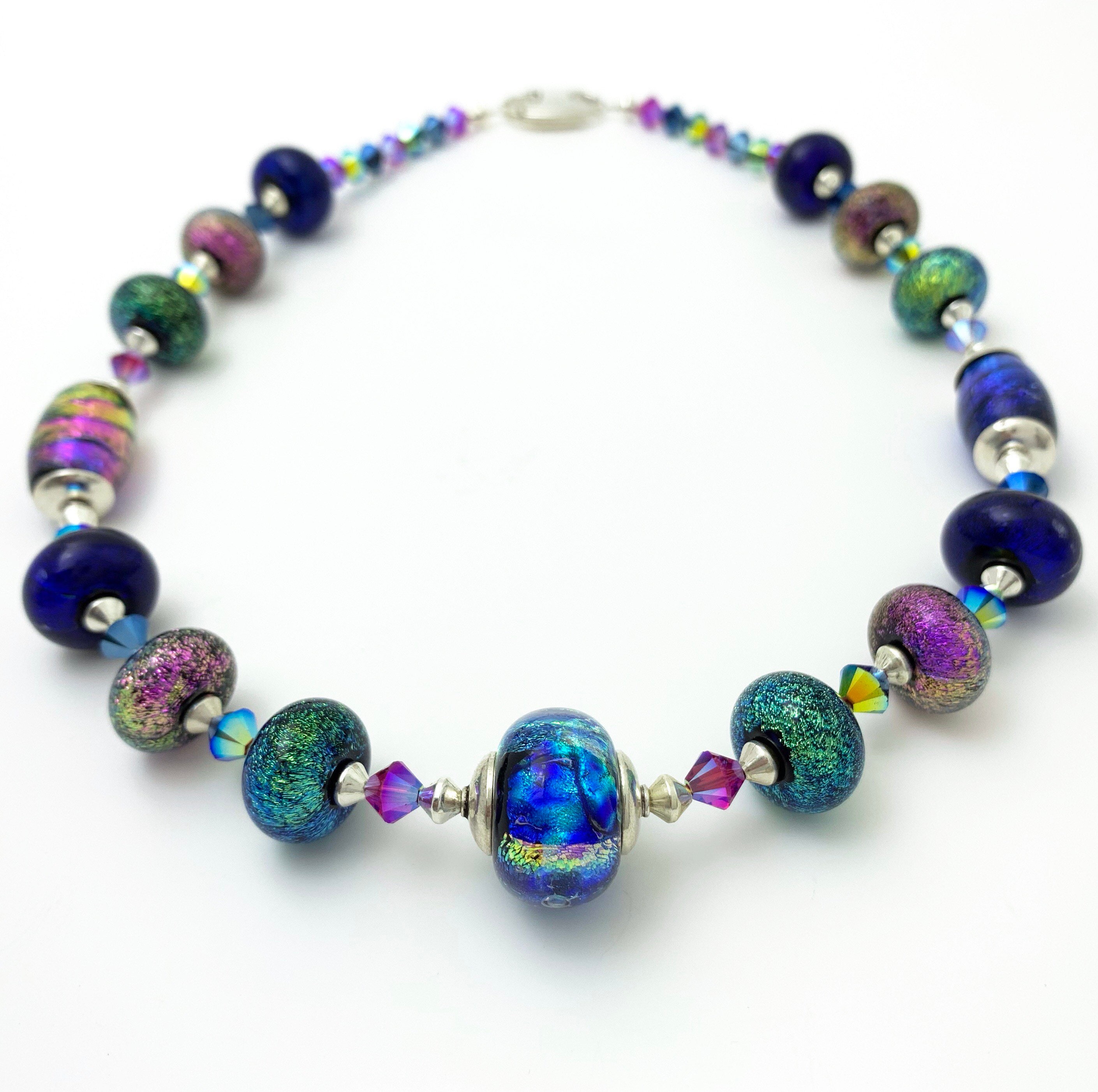 Dichroic Bead Glass Necklace, Handmade Glass Beads, Sterling Silver