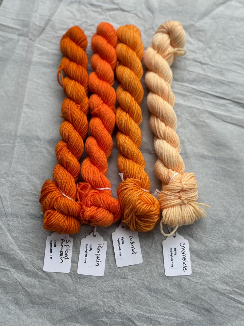 Pu&ograve; includere: Quattro gomitoli di filato in tonalit&agrave; arancio e crema. Il filato &egrave; etichettato "Creamside", "Butternut", "Pumpkin" e "Spiced Pumpkin".