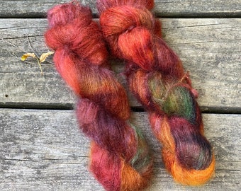 My Favorite Season Lace Kid Mohair/Silk hand dyed yarn. Single-ply lace tag-a-long.