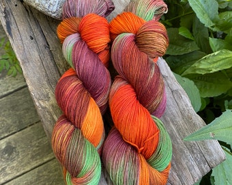 My Favorite Season Fingering/Sock 4-ply, 75/25, superwash Merino wool/RECYCLED nylon hand-dyed yarn, ECO-friendly yarn.