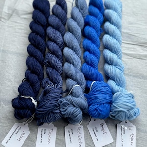 Pu&ograve; includere: Cinque gomitoli di filo blu in diverse tonalit&agrave; di blu, dal blu navy scuro al blu chiaro. Ogni gomitolo &egrave; etichettato con un nome e un peso: Navy, Denim, Acid Washed, Roupf, Lt Blue.
