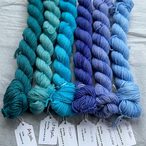Pu&ograve; includere: Otto gomitoli di filato fingering in tonalit&agrave; di blu e turchese. Il filato &egrave; avvolto in gomitoli ed etichettato con i nomi "Blue Bell", "It Periwinkle", "Periwinkle", "Frozen", "Itagua" e "Aqua".