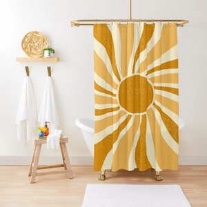 70s Sun Shower Curtain, Boho Mid-Century Vintage Sun, Shower Curtain Eco-Friendly, Waterproof, Abstract Decor, With Hooks Included